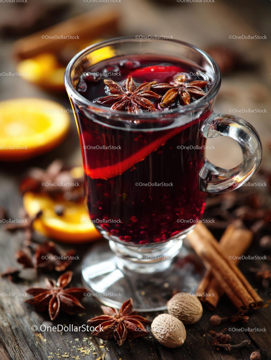 Delicious Mulled Wine with Citrus and Spices in a Glass Mug