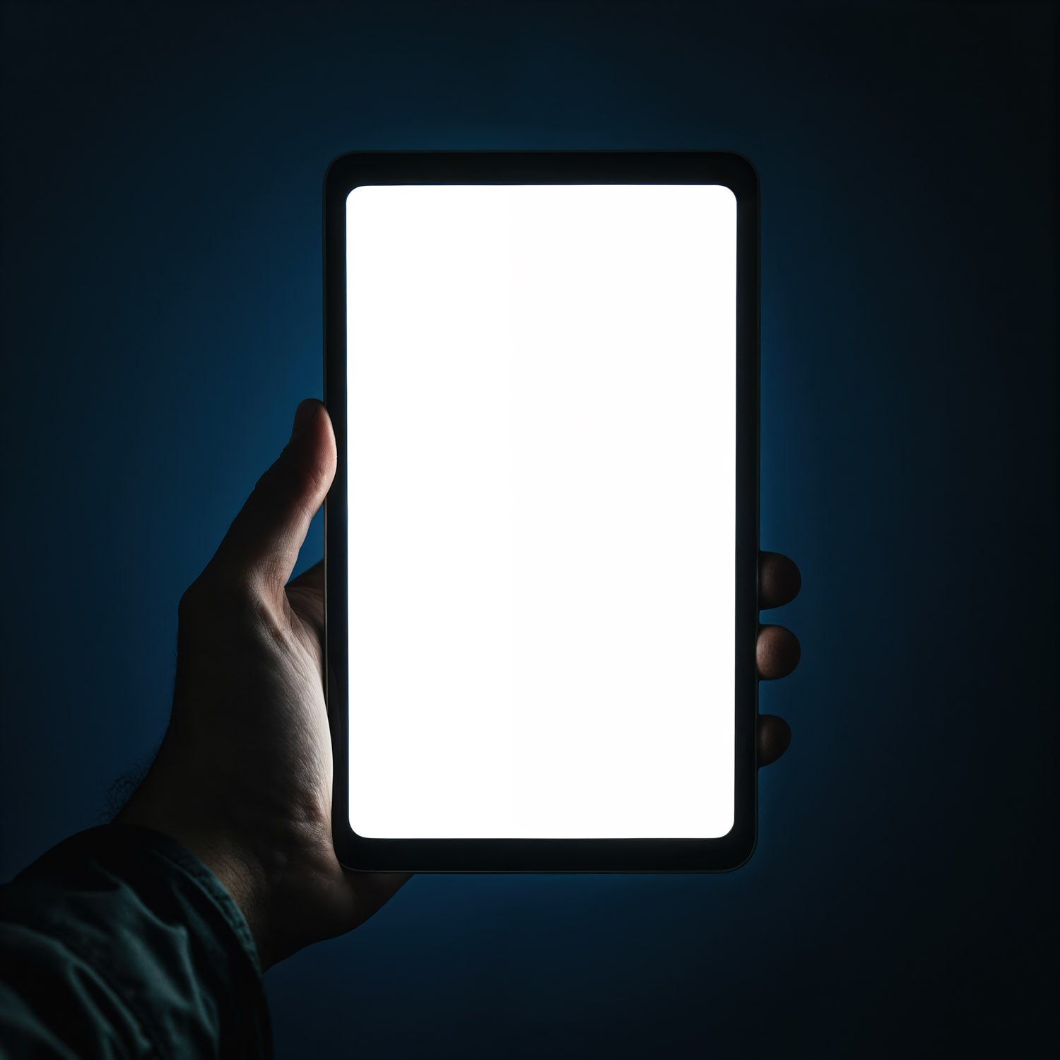 Hand Holding Glowing Tablet Device in Dark Background