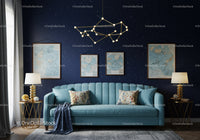 Cozy living room with celestial wall decor and blue sofa