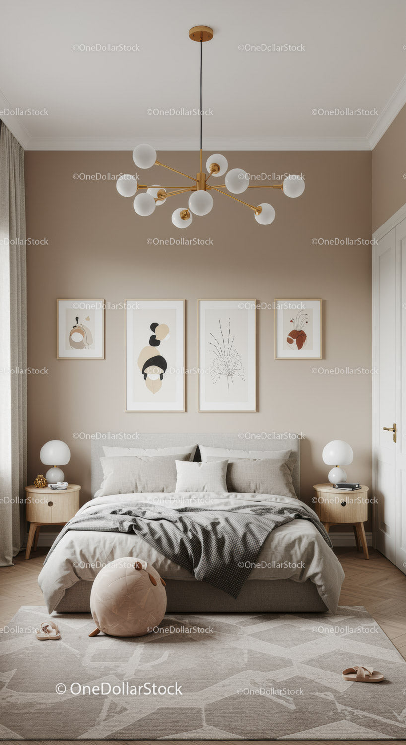 Elegant Modern Bedroom with Beige Walls and Artistic Decor
