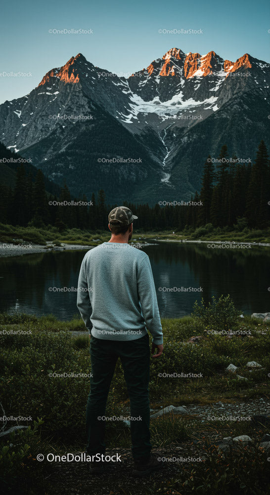 Adventurous Man Enjoying Scenic Mountain Reflection at Sunset