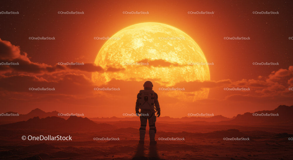 Astronauta na obcej planecie z ognistym zachodem słońca i skalistym terenem