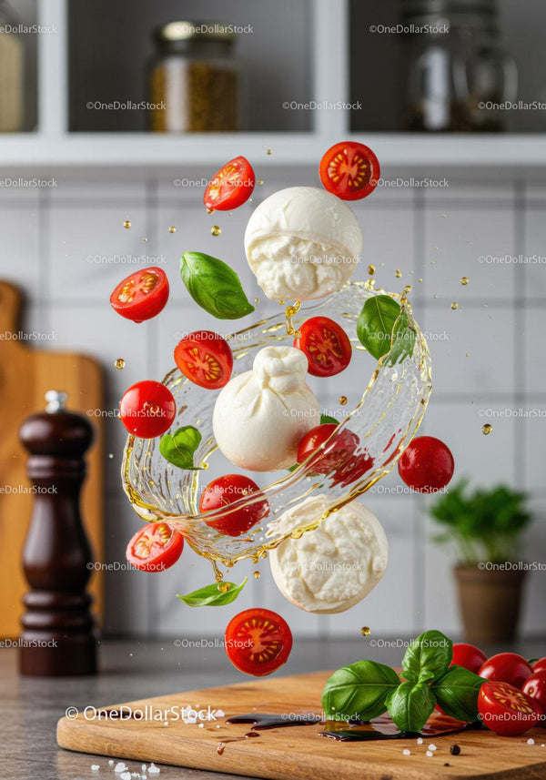Fresh mozzarella, cherry tomatoes and basil in motion
