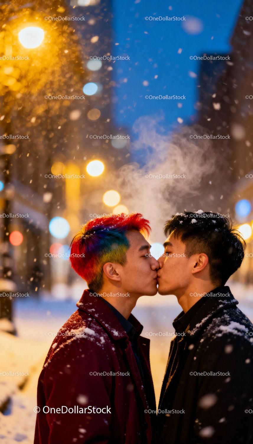 Young couple sharing a kiss in snowy evening light