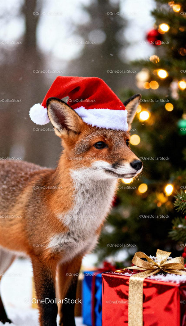 Red Fox Wearing Santa Hat Near Christmas Tree and Gifts