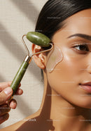 Woman Using Jade Roller for Facial Massage and Skincare