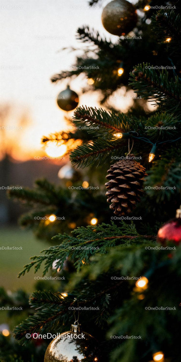 Close-up of Christmas Tree Decorations at Sunset