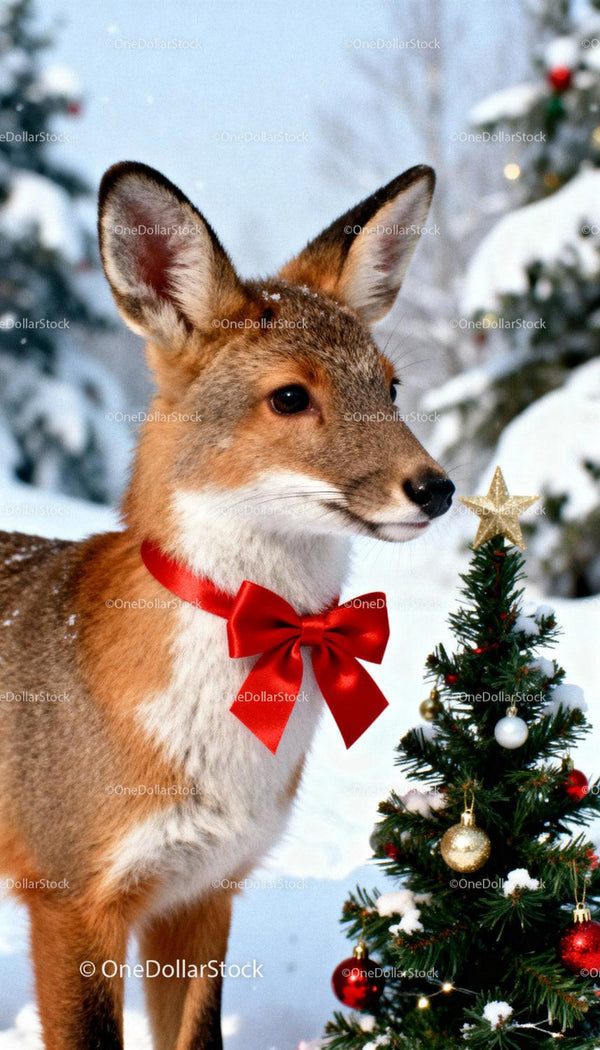 Young deer with red bow near decorated Christmas tree