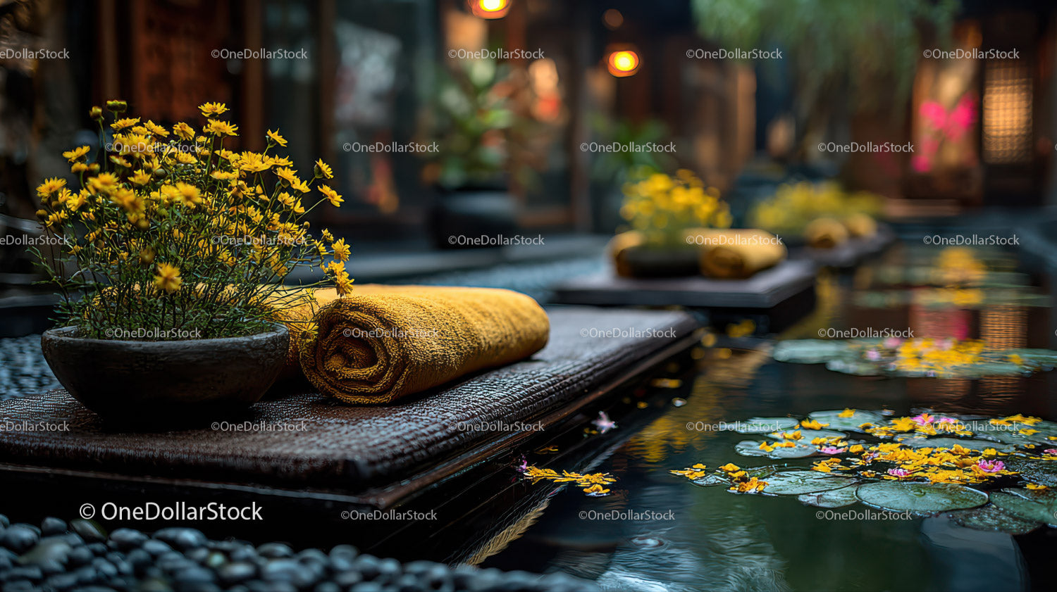 Serene Outdoor Spa Scene with Yellow Towel and Water Lilies
