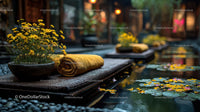 Serene Outdoor Spa Scene with Yellow Towel and Water Lilies