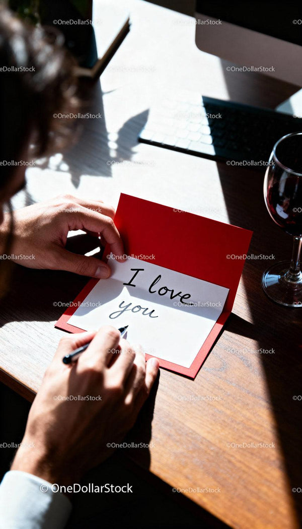 Person writing heartfelt love message in card