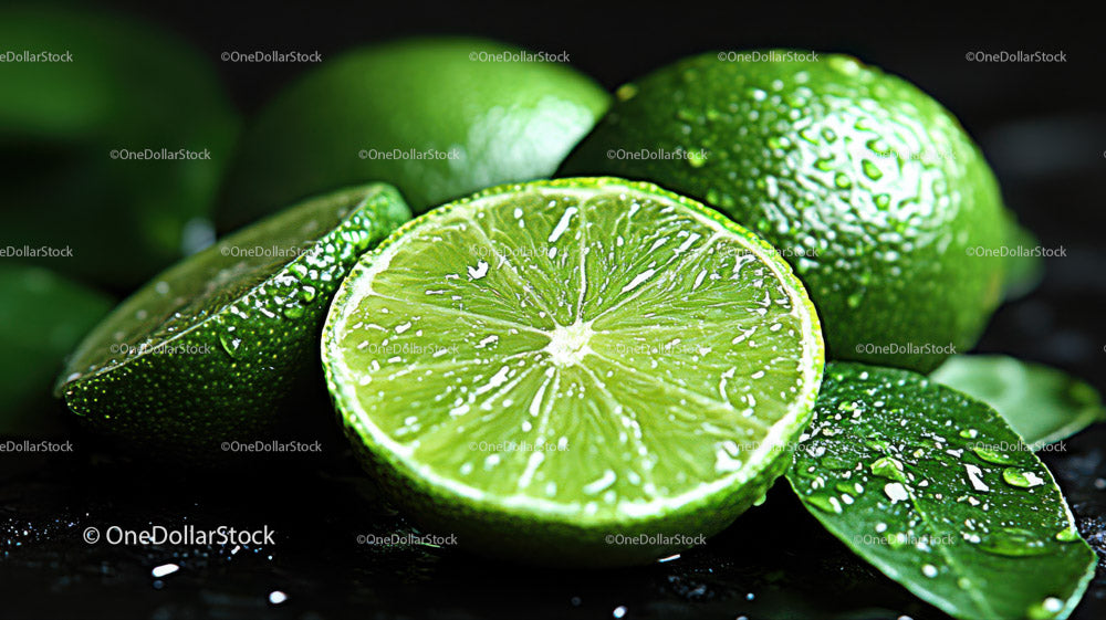 Fresh Sliced Lime with Water Droplets on Dark Surface
