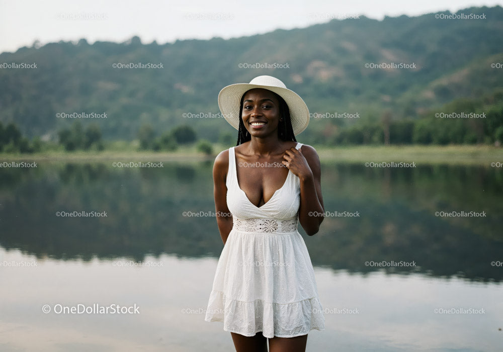 Smiling Woman in White Dress by Lakeside Nature Scene