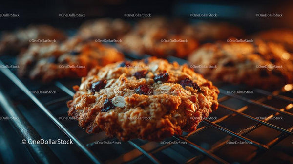 Freshly Baked Oatmeal Cookies Cooling on Oven Rack