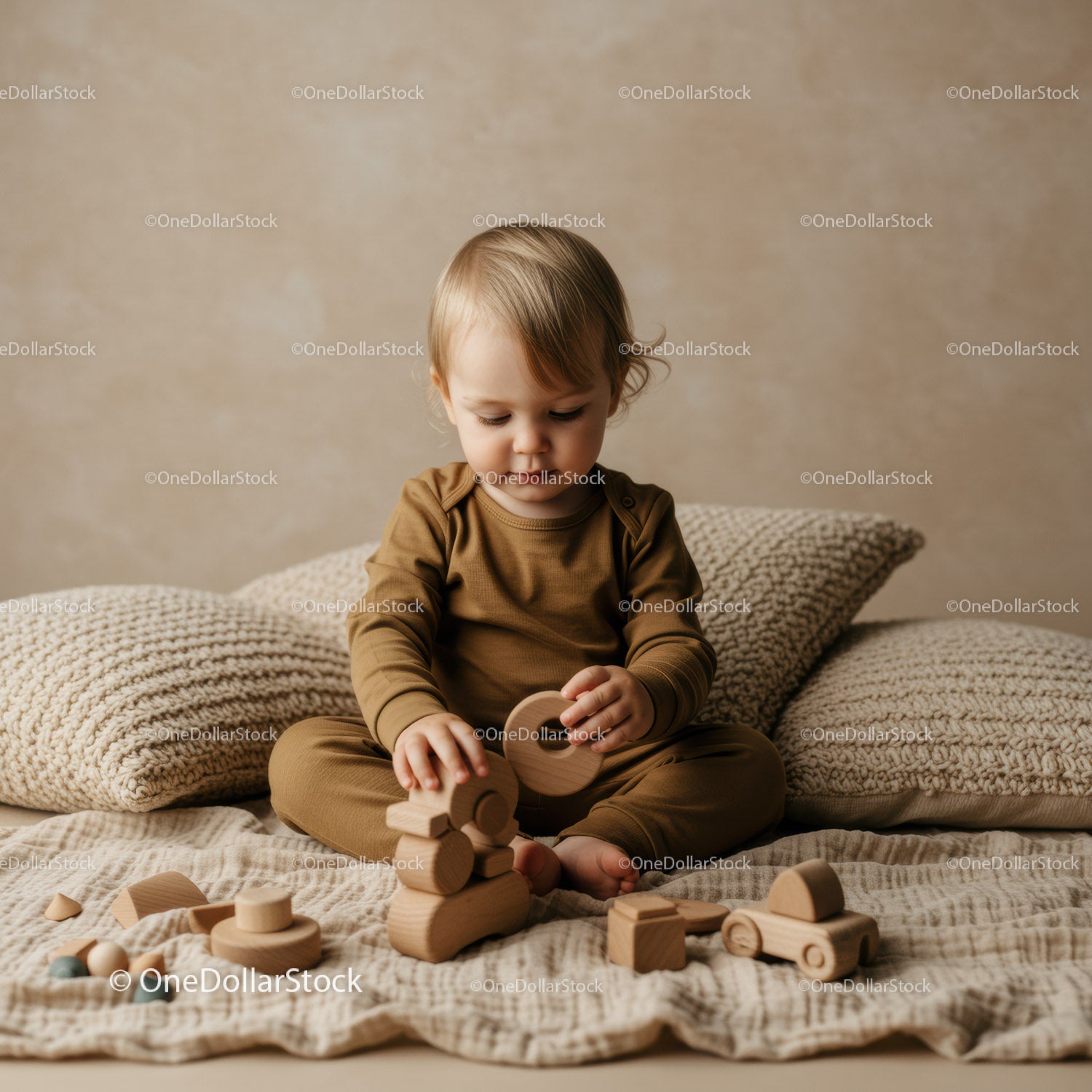 Toddler playing with wooden blocks in cozy setting