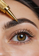 Precise Eyebrow Tattooing with Gold Pen on Woman with Brown Eyes