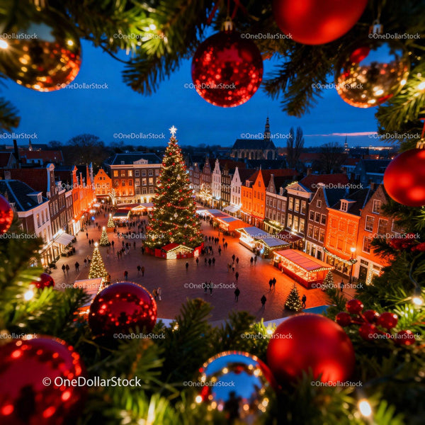 Festive Christmas Market in Historic European Town Square