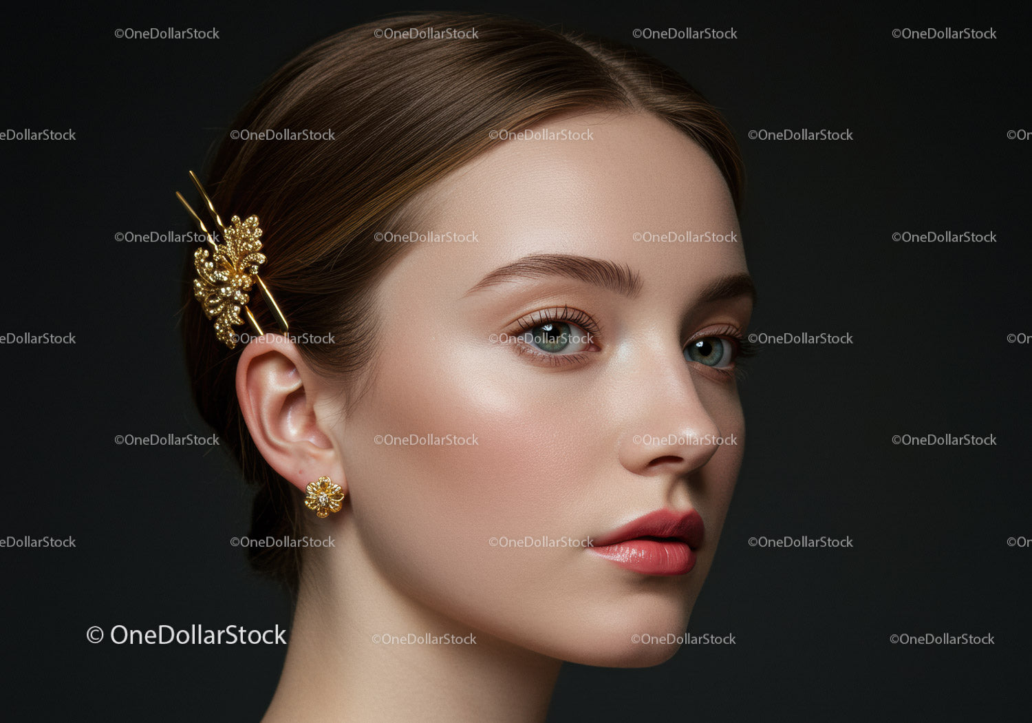 Elegant Woman with Gold Jewelry and Stylish Hairpin in Beauty Portrait