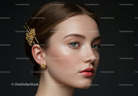 Elegant Woman with Gold Jewelry and Stylish Hairpin in Beauty Portrait