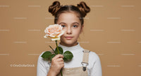 Young Girl with Pale Peach Rose Portrait on Soft Beige Background