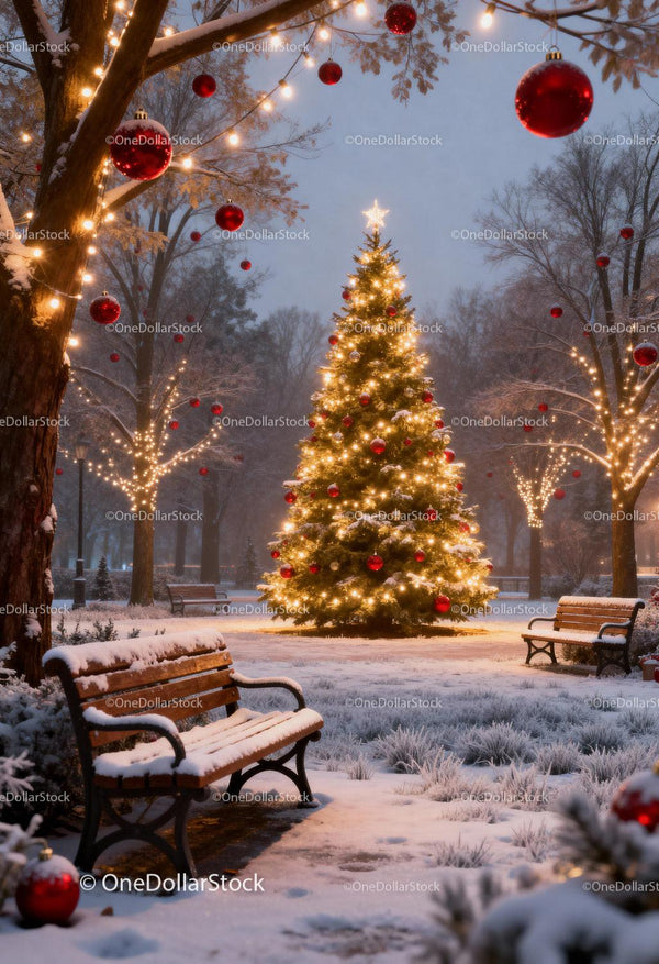 Snowy park with glowing Christmas tree and benches