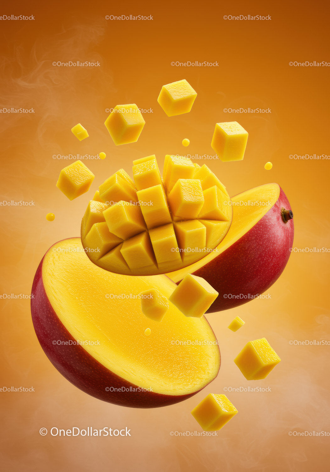 Fresh mango slices with vibrant glossy texture flying