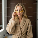 Young Woman in Cozy Bathroom Applying Gold Eye Masks for Skin Rejuvenation