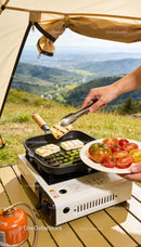 Grilling Halloumi and Asparagus Outdoors with Scenic View