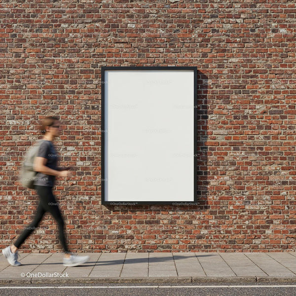 Blurred Woman Walking Past Blank Urban Poster Frame JPG Mockup Image