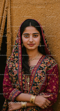 Elegant Indian Woman in Traditional Sari with Gold Jewelry and Embroidered Fabric