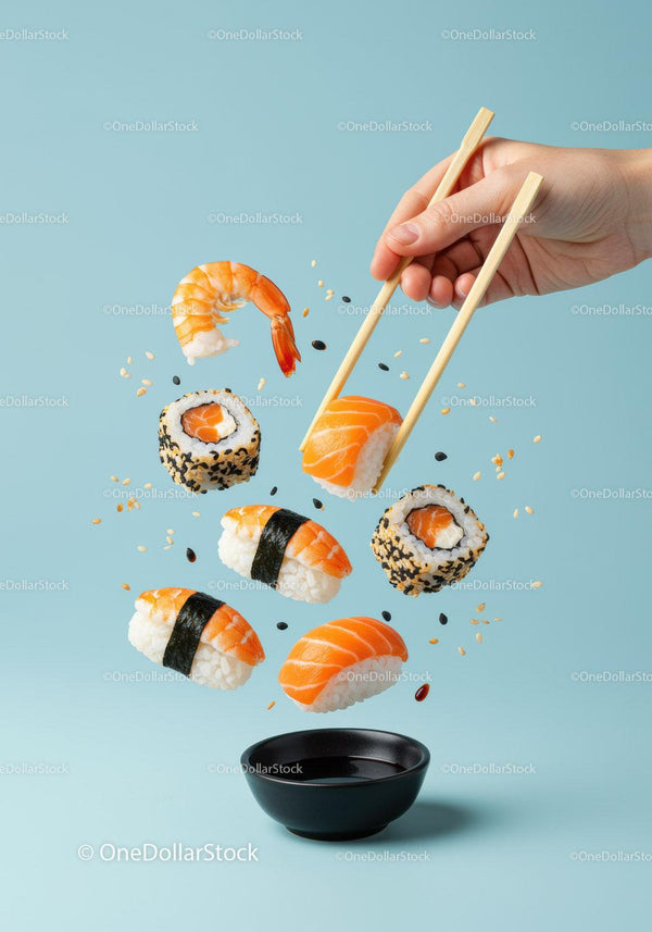 Hand Picking Salmon Sushi with Chopsticks Over Soy Sauce