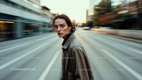 Dynamic Urban Fashion Scene with Confident Woman in Motion