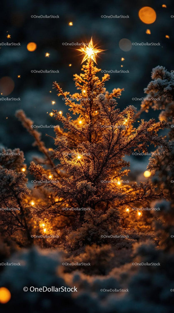 Glowing Christmas tree with starry lights in winter forest