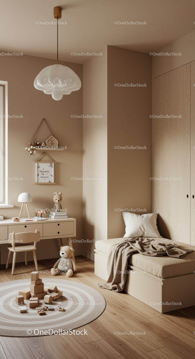Cozy Children's Bedroom with Wooden Furniture and Plush Toys