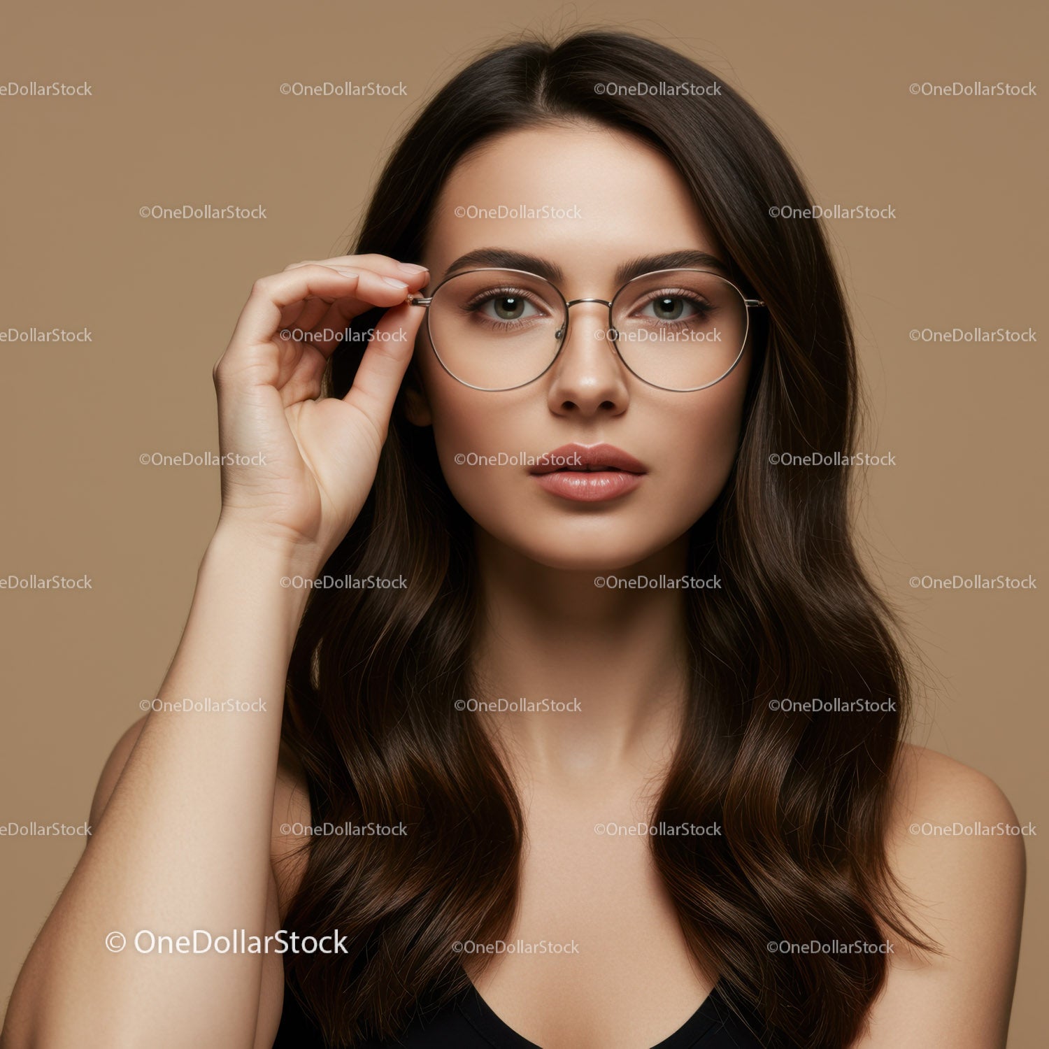Elegant Woman Wearing Round Metal Glasses with Brown Hair