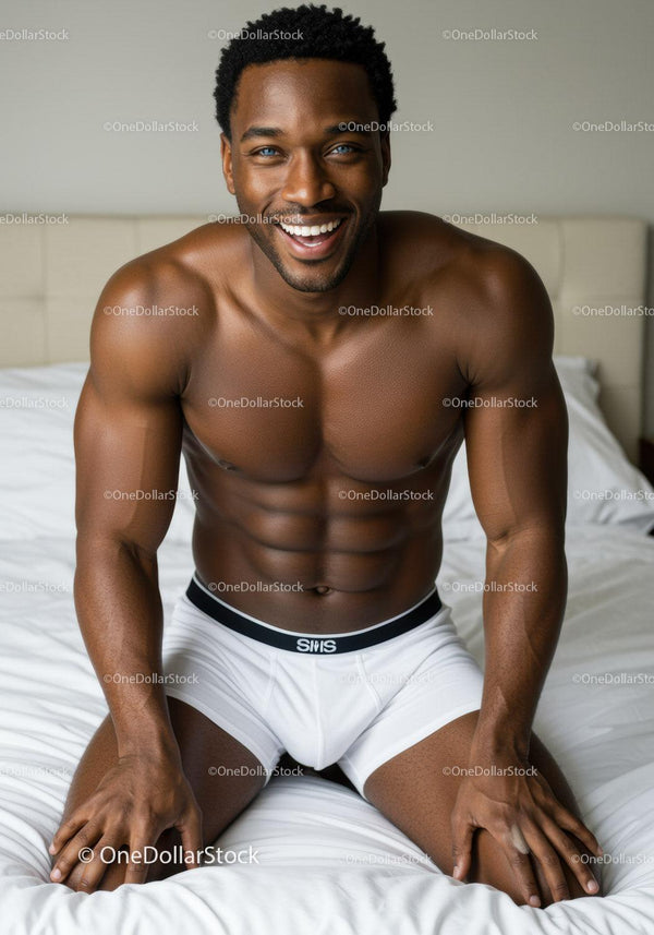Muscular man smiling while sitting on bed in white briefs