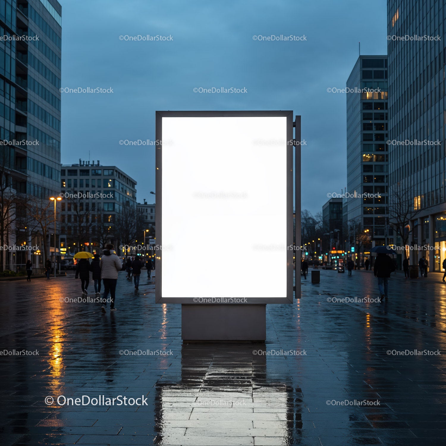 Empty illuminated billboard on rainy city street at dusk