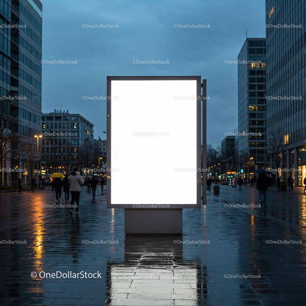Empty illuminated billboard on rainy city street at dusk JPG Mockup Image