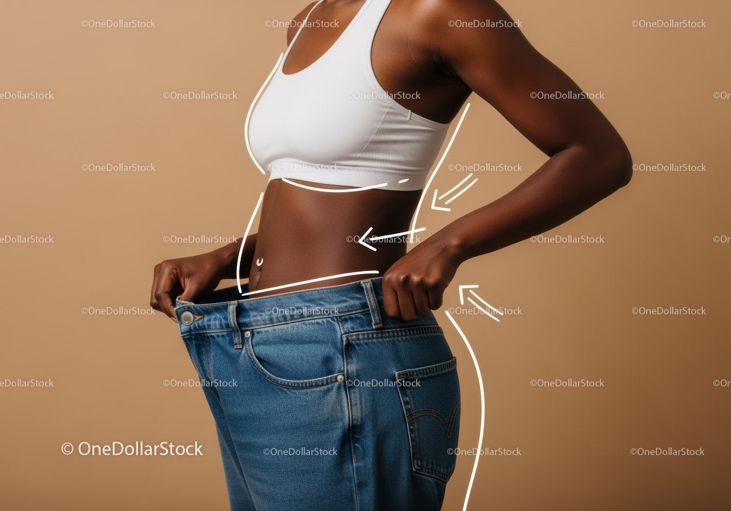 Woman Measuring Waist with Oversized Jeans and Casual Top