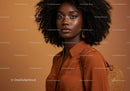 Elegant Woman with Curly Hair in Stylish Outfit in Warm Studio Setting