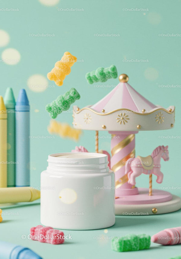 Playful scene with candy jar and pastel carousel toy JPG Mockup Image