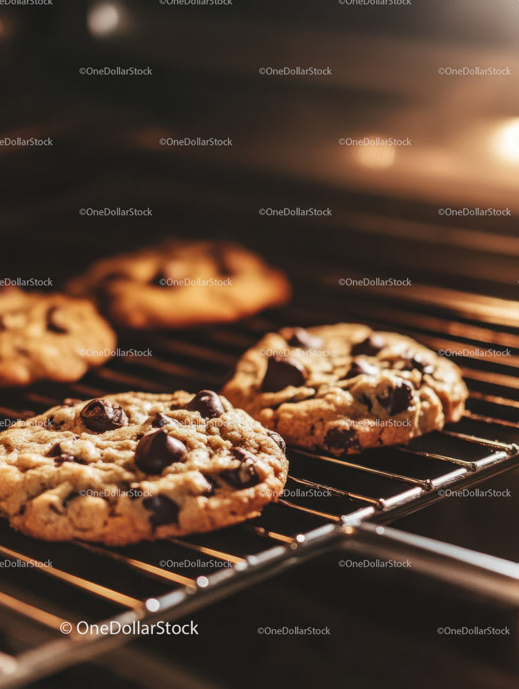 Warm Chocolate Chip Cookies Baking in Oven with Golden Crust