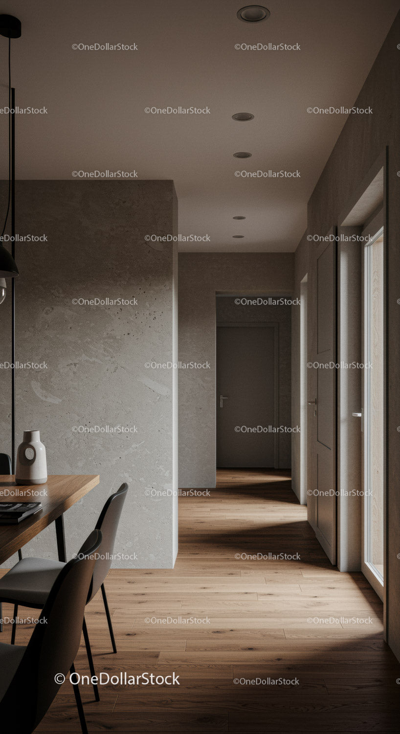 Minimalist modern dining area with warm wooden floor