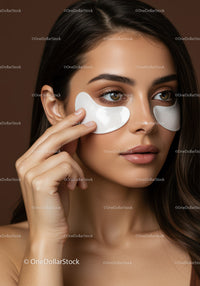 Close-up of a woman applying eye patches for skincare treatment