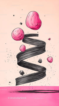 Abstract Artistic Illustration with Pink Rocks and Floating Elements