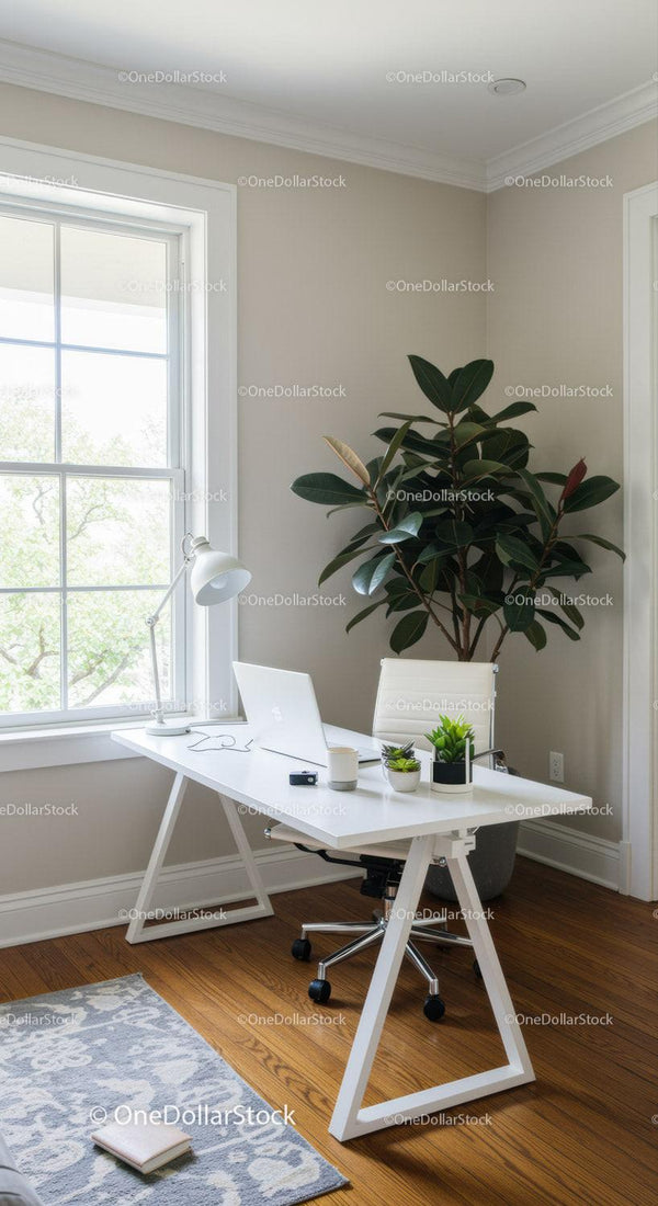 Modern Minimalist Home Office with Large Houseplant and Natural Light