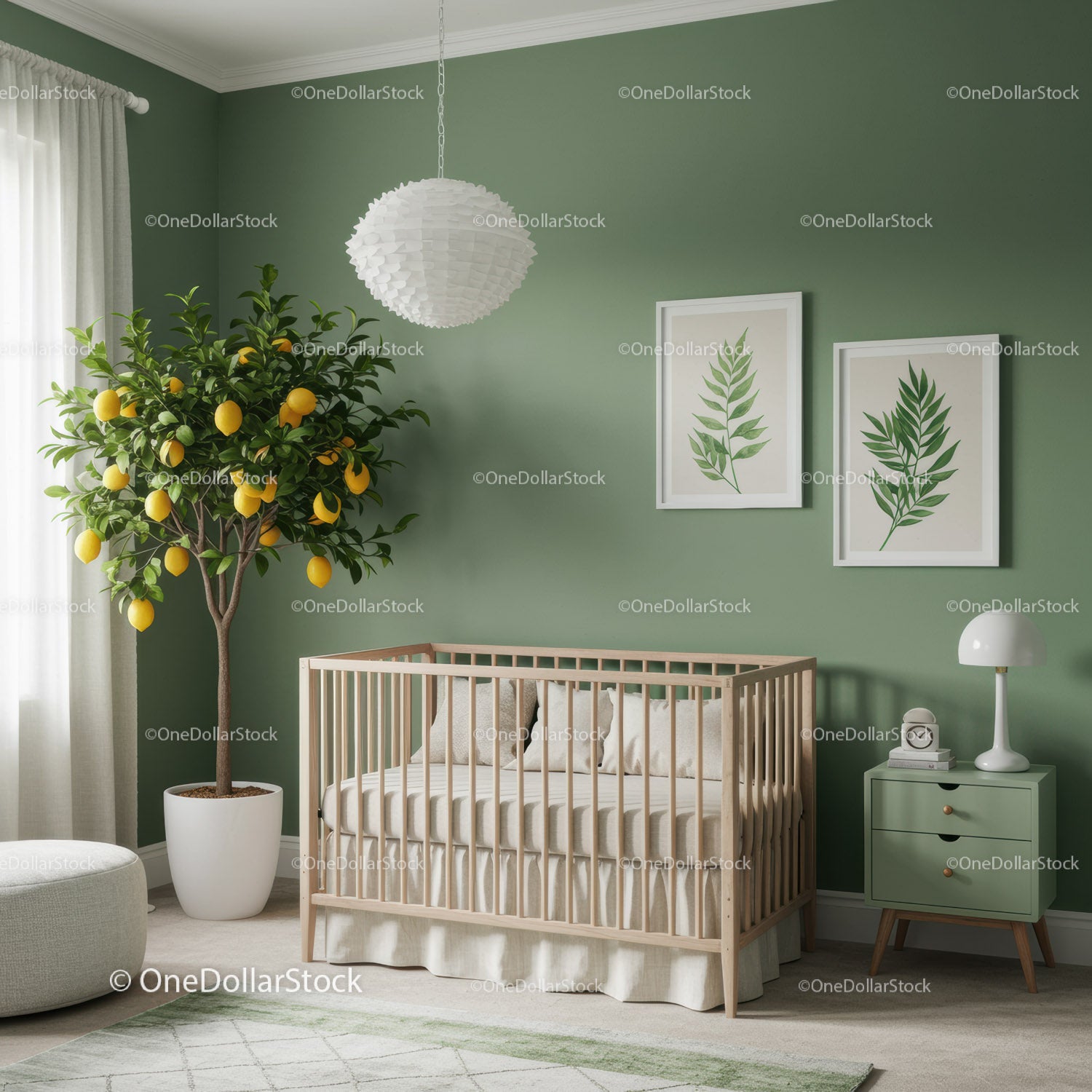 Przytulny pokój dziecięcy z doniczkowym drzewem cytrynowym i zieloną, botaniczną grafiką ścienną