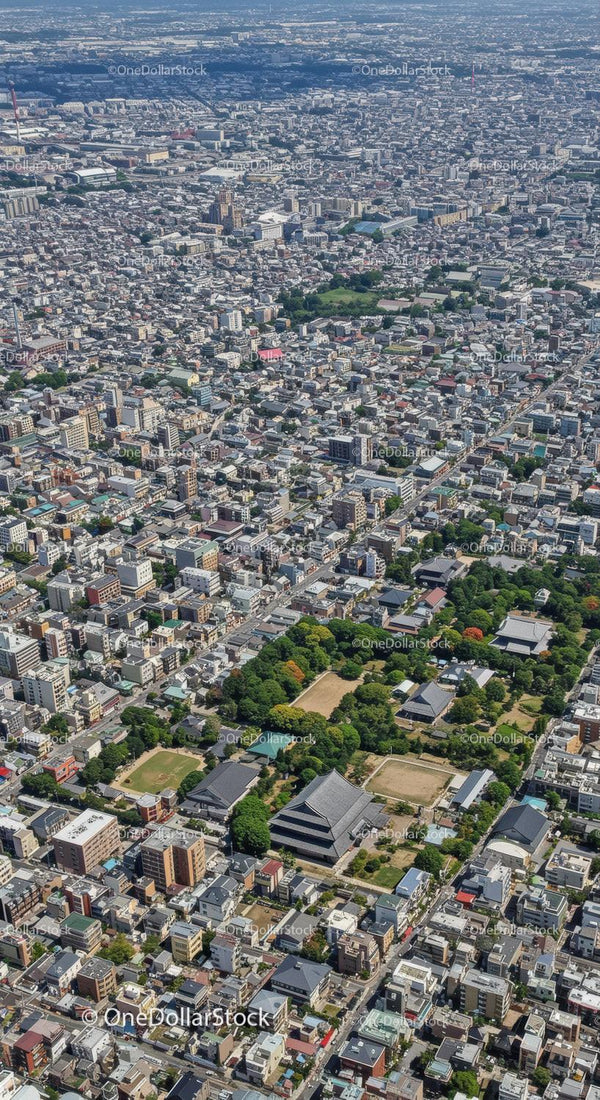 Widok z lotu ptaka na panoramę Tokio z drapaczami chmur i zielonymi parkami
