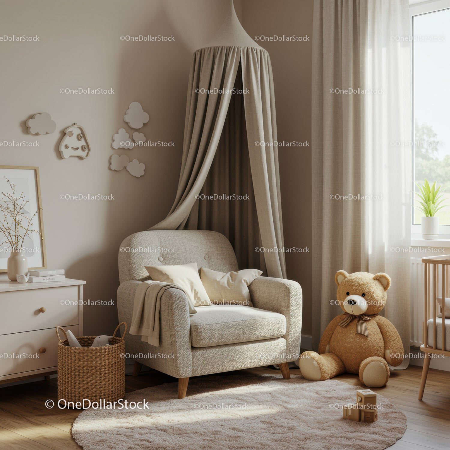 Cozy nursery corner with armchair and teddy bear