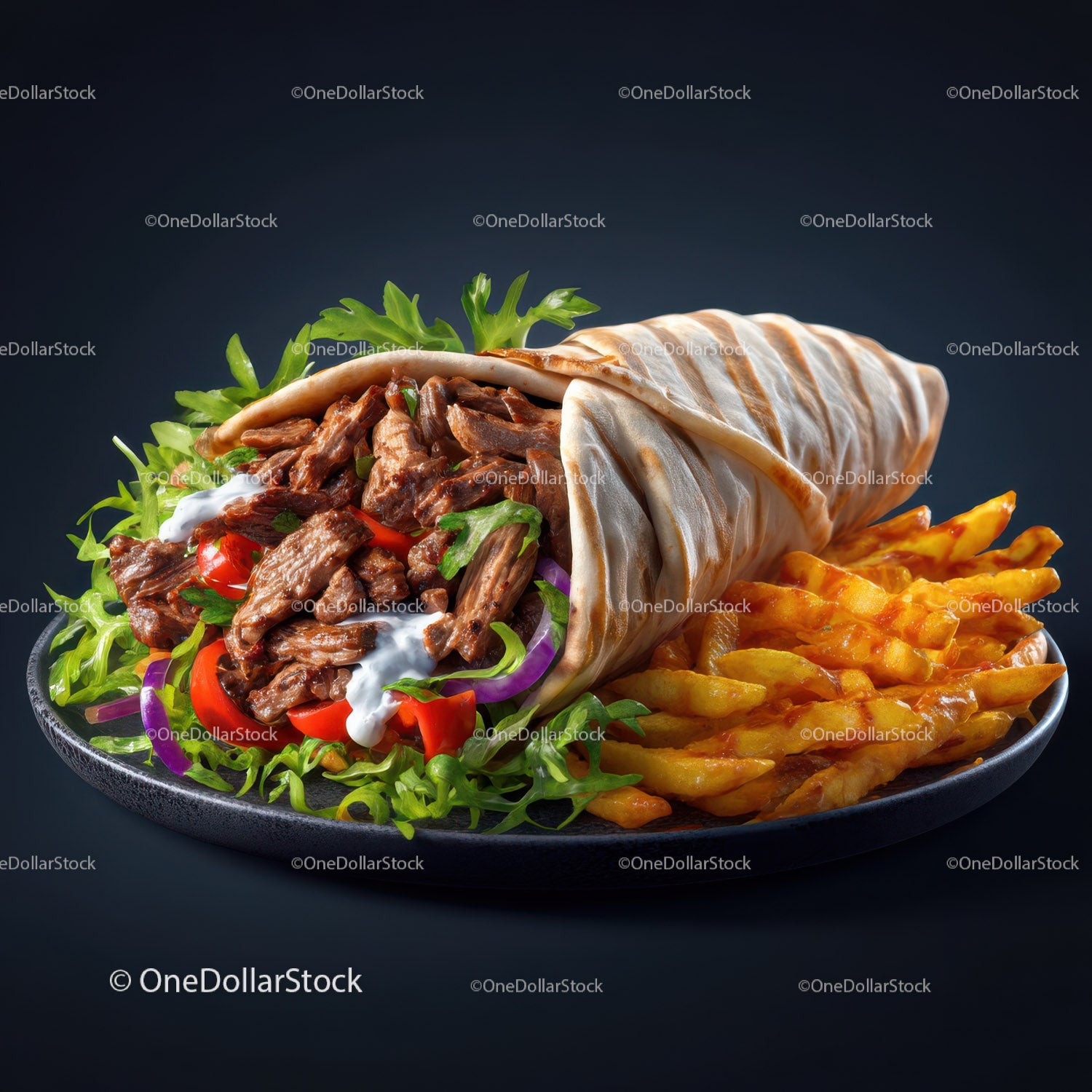 Beef Burrito with Fresh Vegetables and Crispy Fries on Plate